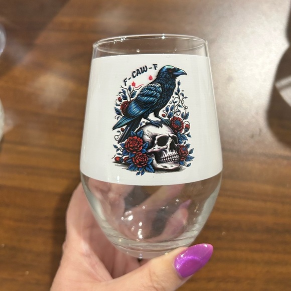 Raven Skull F-Caw-F Design Stemless Wine Glass - Picture 3 of 4